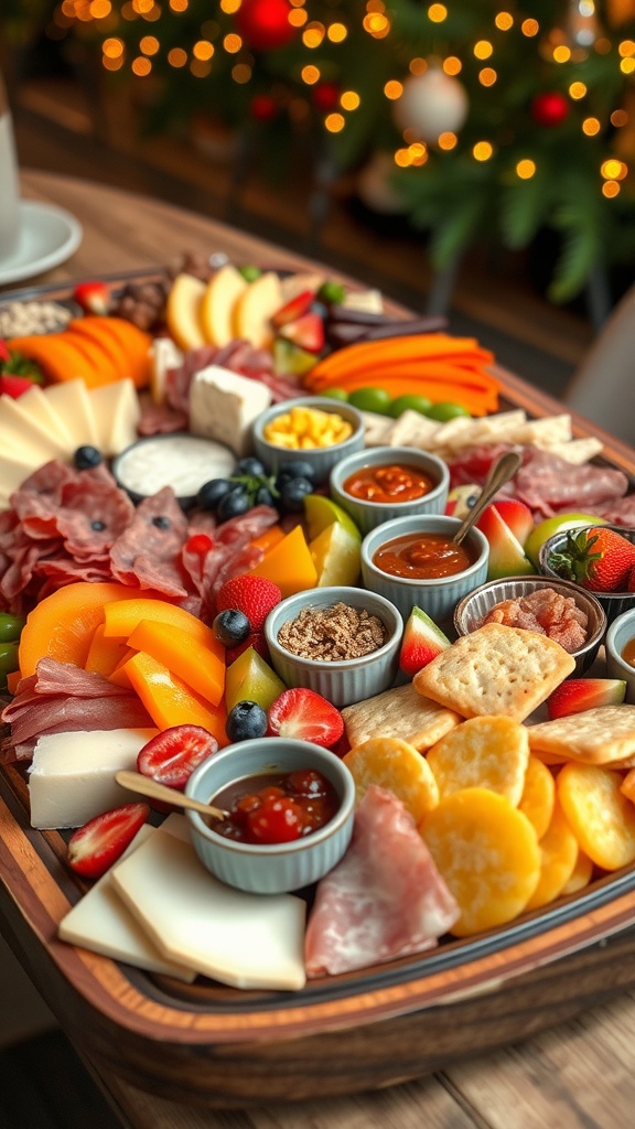 A colorful snack tray with cheeses, meats, fruits, and vegetables arranged on a wooden board.